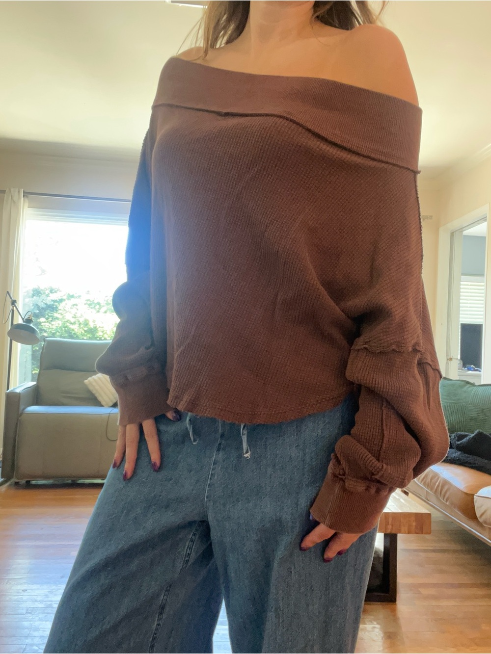 We the Free People Off The Shoulder Slouchy Waffle Knit Top Brown Oversized Bagg